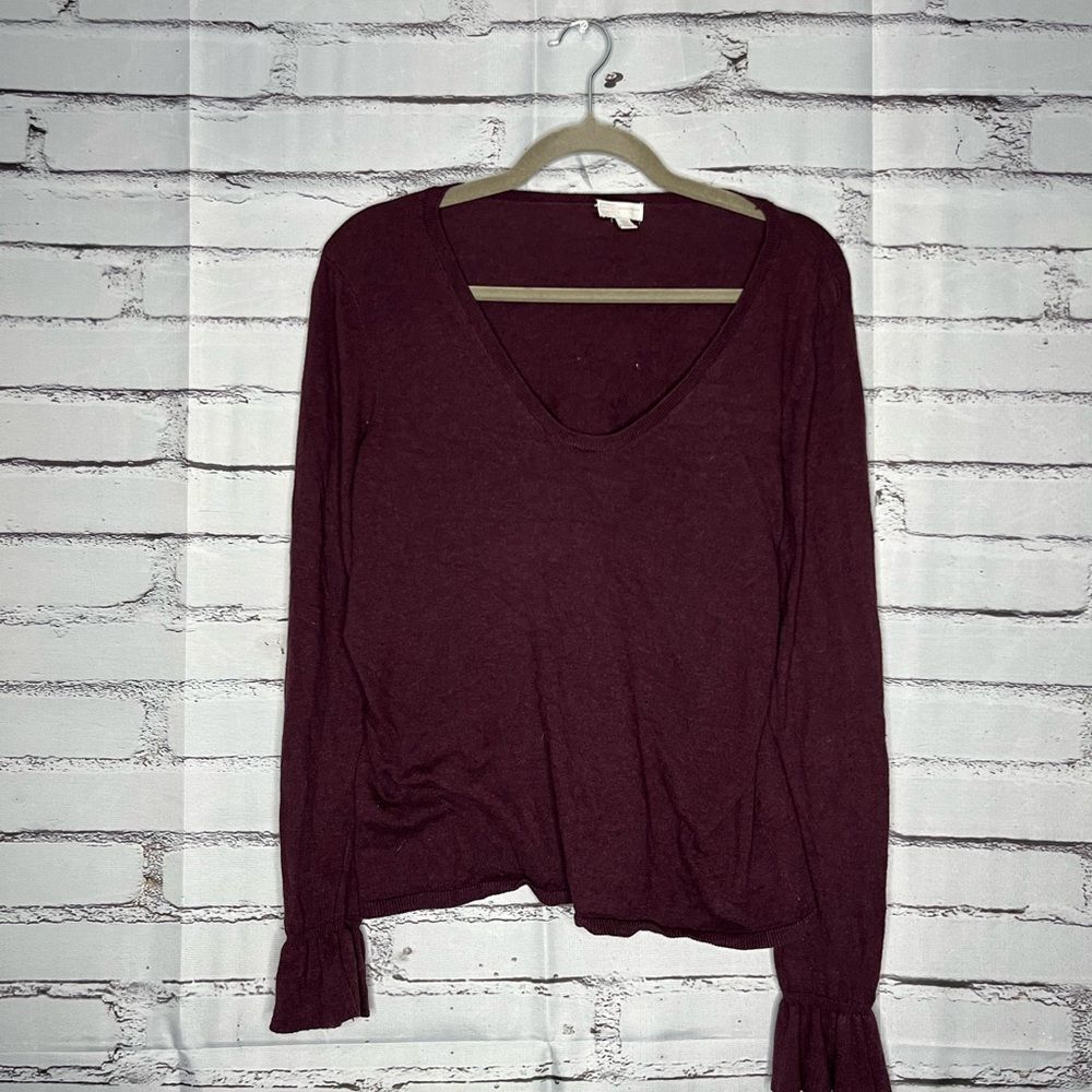 14th & Union Burgundy Long Sleeve Relaxed V-Neck Blouse SZ L Puff Sleeves